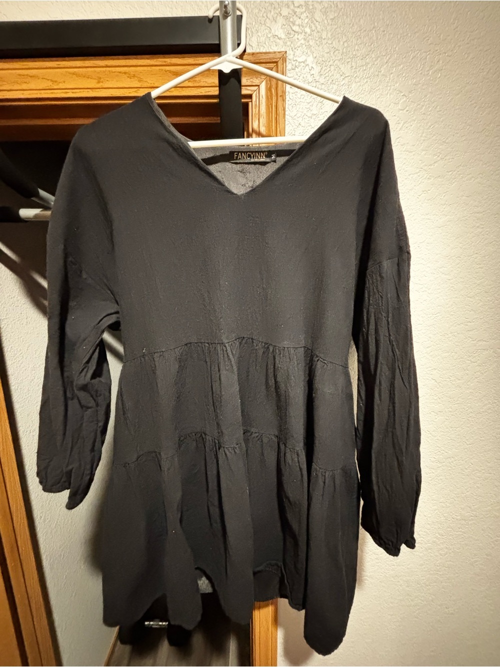 Fancyinn Black V-Neck Tiered Long-Sleeve Tunic
